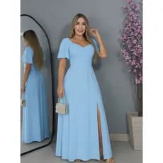 Vestido Longo feminino manga curta flare lastex nas costas e fenda lateral vestido modesto forrado