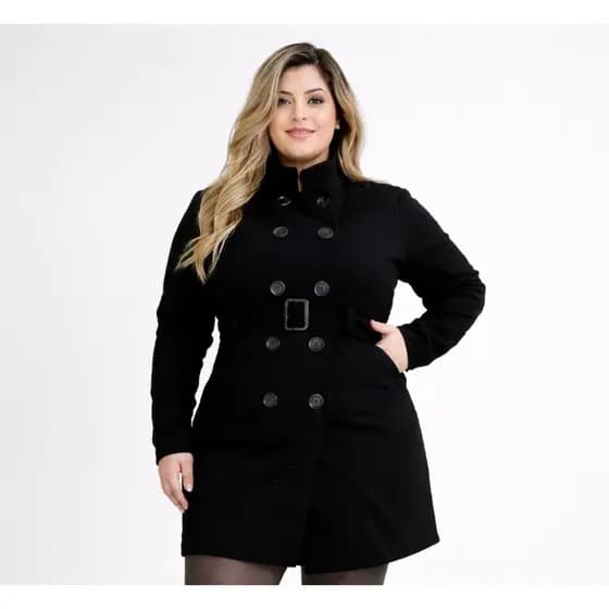 Sobretudo Feminino Plus Size Preto  Casaco Inverno com Cinto e Botões