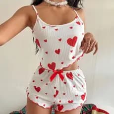 Conjunto Baby Dool Feminino Canelado de Coração Verão Pijama feminino Blogueirinha