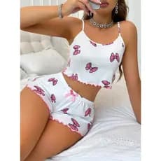 Baby Doll Feminino Curto Pijama de Verão Estampas Coração Lacinho Morango  e Liso
