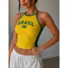 Camiseta Cropped Blusinha Regata do Brasil Feminina Verde Amarela Copa do Mundo