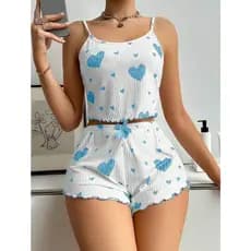 Pijama Curto Feminino Baby Doll Verão Estampado Coração Lacinho Morango  e Liso Confortável