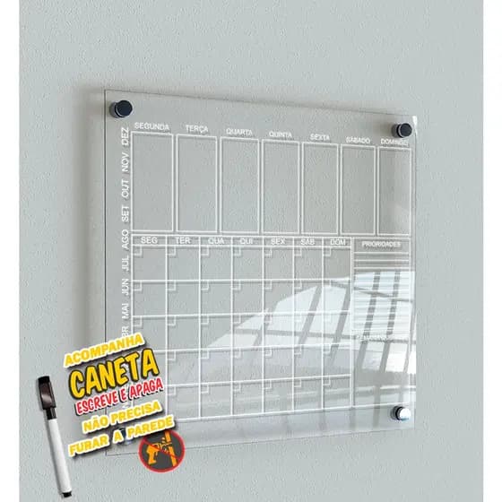 Quadro Planejamento Mensal Planner Diario Tarefas MiniMod04 Acrilico transparente + caneta escreve apaga