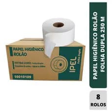 8 Rolos Papel Higiênico Rolão Folha Dupla 250m 100% Celulose Branco - Ipel