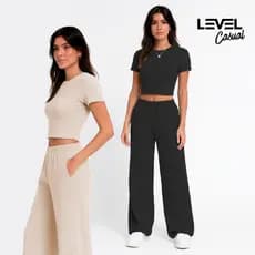 Conjunto Feminino Varias Cores Camiseta e Calça Wide Leg Tecido Confortável