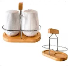 Kit 3 Peças Saleiro/pimenteiro Em ceramica branco e bambu