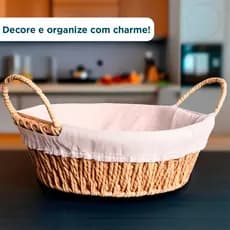 Cesta Redonda de Rattan para Pães Forro em Tecido 24cm