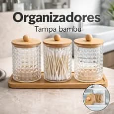 Kit Banheiro Organizador 3 Potes Acrílico Tampa Bambu Porta Algodão Cotonete Maquiagem Bandeja Plus