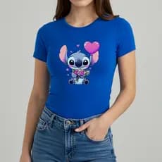 Blusa Feminina Stitch Balão Fofo Camiseta Manga Curta Baby Look Do P Ao XG