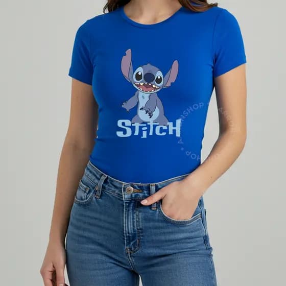 Blusa Feminina Stitch Alegre Camiseta Manga Curta Baby Look Do P Ao XG Algodão 30.1
