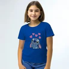 Camiseta Infantil Stitch Coração Verão Manga Curta 100% Algodão - Tamanho do 2 Ao 16