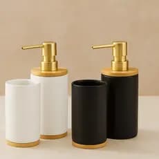 Kit Banheiro 2 Peças com Base em Bambu Dispenser Porta Escova | Estilo Sofisticado