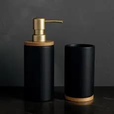 Kit Banheiro Luxo 2 Peças – Dispenser Dourado + Copo Cerâmica Premium luxo