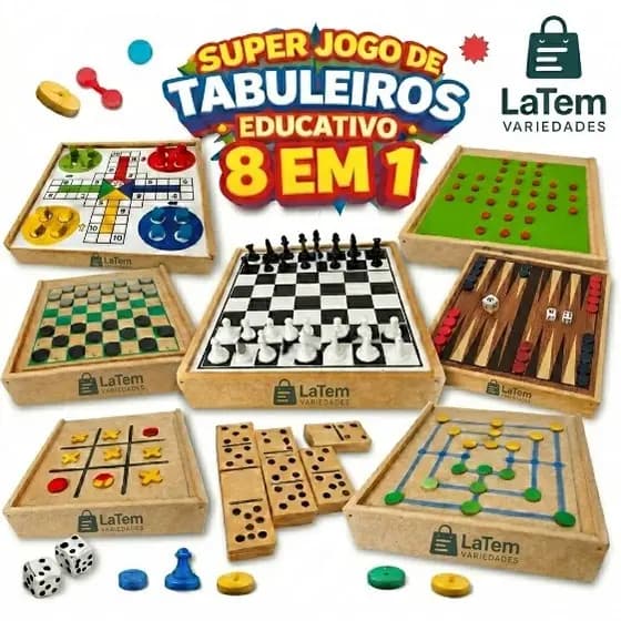 Jogo Tabuleiro Educativo Madeira Clássicos Xadrez Dama Jogo da Velha Ludo Trilha Dominó Resta1 Gamão