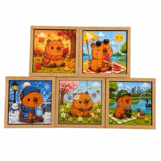Kit 5 Quebra Cabeça em Mdf 9 Peças Jogo Pedagógico Infantil Lúdico Capivara Estação