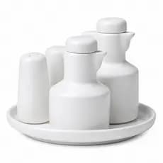 Kit Galheteiro 5 peças Azeite, Vinagre, Sal e Paliteiro ,Porcelana Branca,vai ao forno e micro ondas