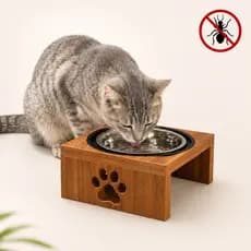 Comedouro Elevado para Gato com Tigela Inox 330ml | Suporte Antiformiga | MDF Freijó