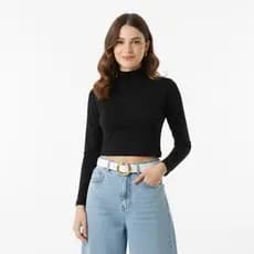Cropped Manga Longa Gola Alta Inverno Preto Branco Básico Suplex Casual