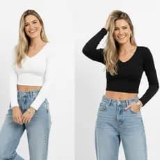 Kit 2 ou 1 Cropped Feminino Inverno Manga Longa Decote V em Suplex Básico