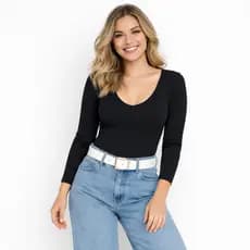 Body Feminino Manga Longa Decote V Inverno Com Forro/Body Feminino Básico Segunda Pele