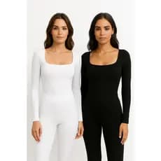 Kit 2 Body Plus Size Manga Longa Decote Quadrado Casual Com Forro Suplex P ao G4 Preto e Branco