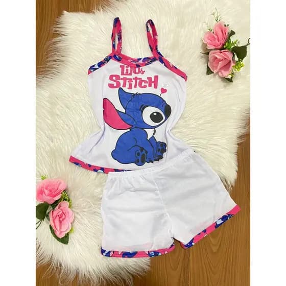 Pijama Baby Doll Infantil Alça Básico Stitch Disney – Roupa de Dormir Crianças