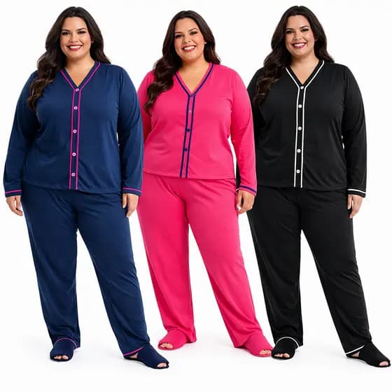 Pijama Longo Plus Size Americano Feminino – Botão Malha Premium