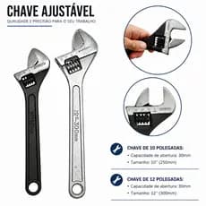 Jogo Chave Inglesa Boca Regulavel Ajustavel Reforçada 10 e 12 Polegadas 250 300mm Abertura Universal