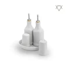 Galheteiro Porta Tempero Dosador em Inox Completo Porcelana Branca 5 Peças Paliteiro Saleiro Porta Vinagre Azeite