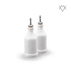 Conjunto com 2 Garrafas Porta Azeite Porta Vinagre 270ml Porcelana Branca com Bico em Inox
