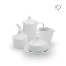 Kit Café Chá com Bule 650ml Leiteira 350ml Açucareiro 250ml e Mategueira com Tampa 110ml Porcelana Branca Louça
