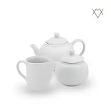 Kit Café Chá com Bule 500ml Leiteira 350ml e Açucareiro 350ml Porcelana Branca Louça