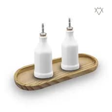 Kit Galheteiro Porta Azeite e Vinagre Porcelana Bandeja em Madeira Pinus