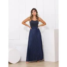 Saia Longa Plissada Feminina Azul Marinho Cintura Alta Gode Rodada Forro Luxo Festa Azul Marinho