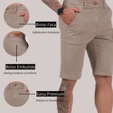 Bermuda Masculina, BOLSO EMBUTIDO,  Alfaiataria Sarja Sport Fino Com Lycra Tecido Premium