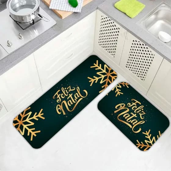 Jogo Tapete Cozinha 2 Peças Kit Antiderrapante Emborrachado Estampado Passadeira - FELIZ NATAL VERDE E DOURADO