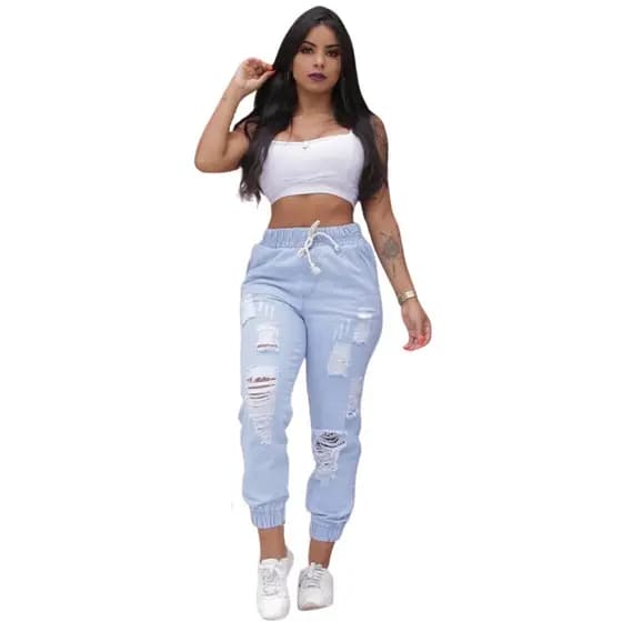 Calça Jeans Feminina Rasgada Jogger Destroyed Cintura Alta
