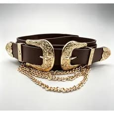 Cinto elástico estilo country de duas fivelas e três correntes双扣牛头松紧带3条链
