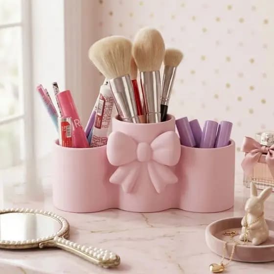 Porta pincéis e canetas de maquiagem com laço elegante Organizador de mesa
