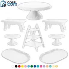 Kit 1 Boleira Cake Renda 22, 2 Mesinhas, 1 Escadinha, 2 Mini Cake, 2 Bandeja Oval Perolada