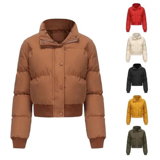Casaco Curto de Algodão Feminino Outono/Inverno 23, Jaqueta Quente de Manga Longa com Gola Alta, Casaco Solto Casual de