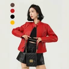 [Em estoque para entrega imediata] Nova jaqueta curta feminina de couro PU, estilo europeu e americano, com gola alta, f