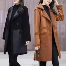 Preço mais baixo online: Jaqueta de couro PU feminina, de comprimento médio, forrada com fleece, espessa, dupla face, de
