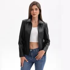 Jaqueta de couro feminina de moda europeia e americana, nova jaqueta curta com detalhes em malha e tecido elástico, tama