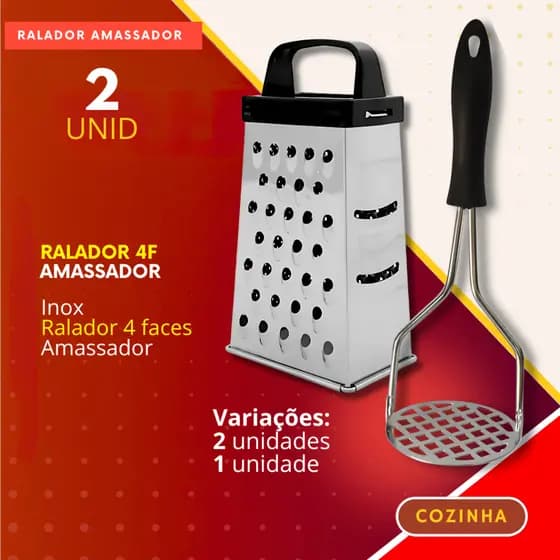 Kit 2/1 Peça – Ralador 4 Faces, Amassador de Batata Espremedor Queijo Cozinha Restaurante