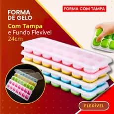 Forma de Gelo com Tampa e Fundo Flexível de Silicone Higiênica Desenforme com Facilidade