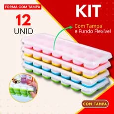 Kit 12 - Forma de Gelo Fundo Flexível de Silicone e Tampa Higiênica Desenforme com Facilidade