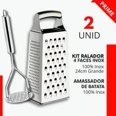 Kit 2 -Ralador 4 Faces 24cm Inox + Amassador de Batata Rala Queijo Espremedor de Batata