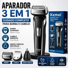 Aparador de Barba e Pelos 3 em 1 Kemei Recarregável USB | Barba, Cabelo e Nariz, Bivolt, Uso Profissional