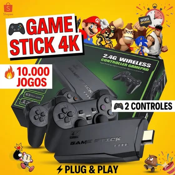 Game Stick 4K Retrô |10.000 Jogos | 2 Controles Sem Fio | Console HDMI Plug&Play| Jogos Clássicos Nintendo Playstation |